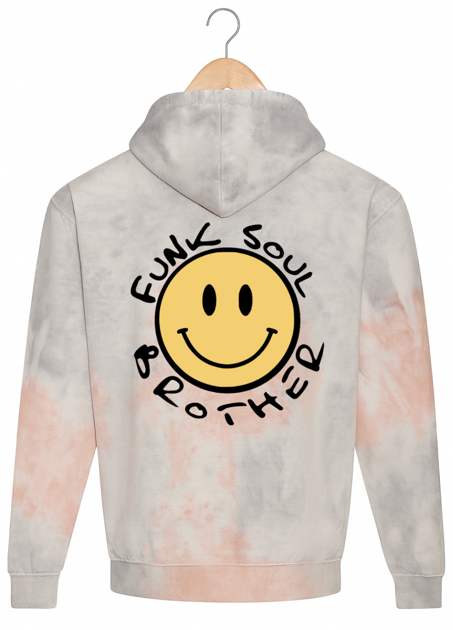 Grey Pink hoodie with smiley face and text on a white background