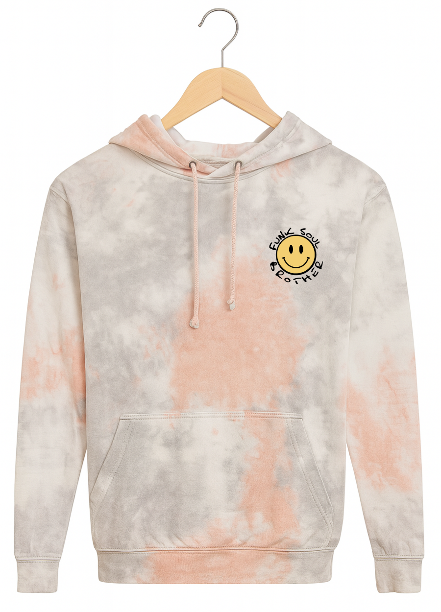 Tie-dye hoodie with a smiley face logo on a hanger against a white background
