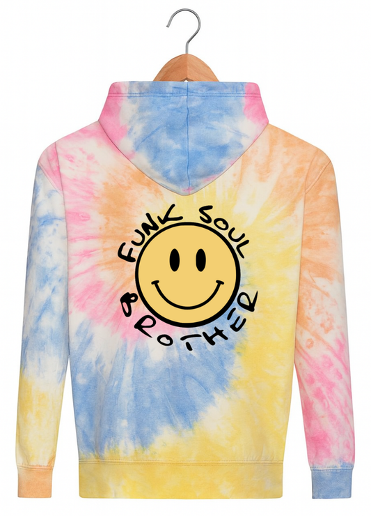 Tie-dye hoodie with pastel blue, pink, yellow, and orange swirls featuring a large yellow smiley face and the text ‘Funk Soul Brother’ on the back.