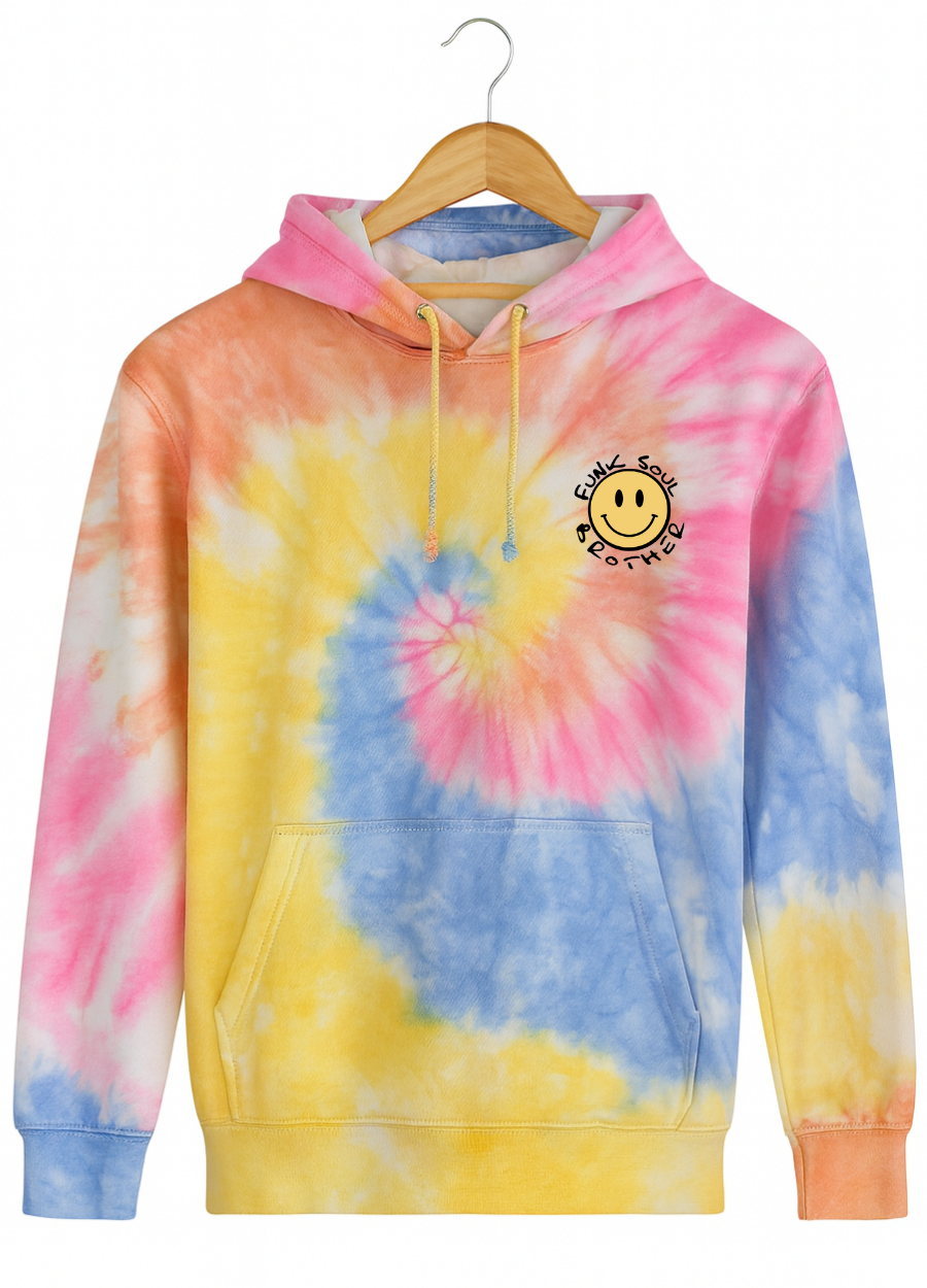 Tie-dye hoodie with a smiley face logo on a hanger against a white background