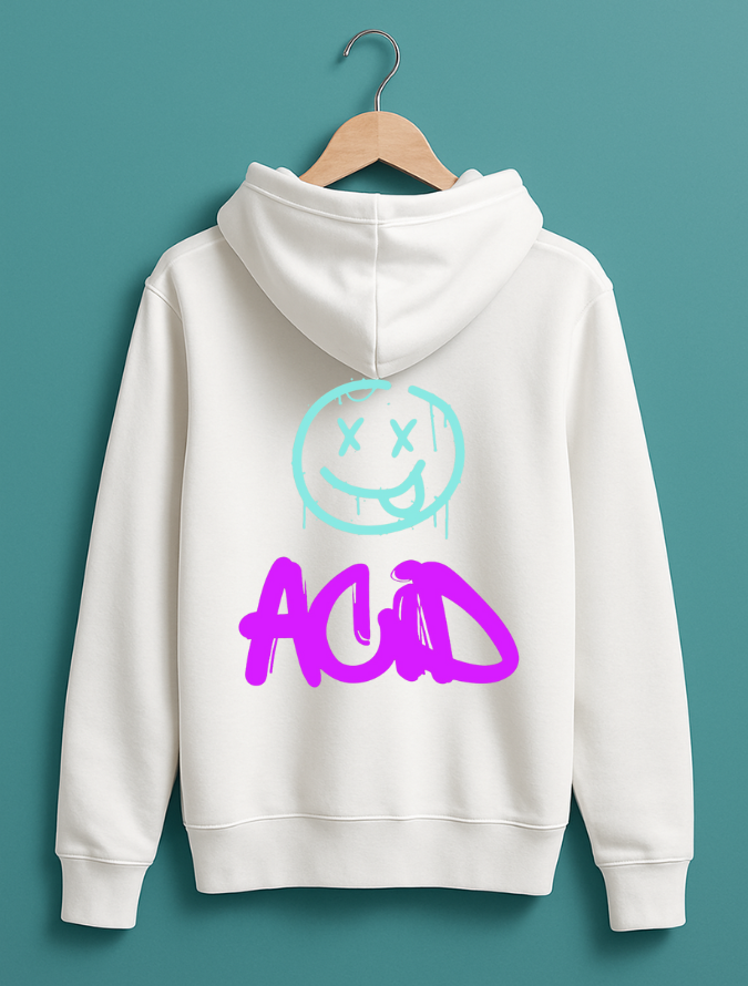 White hoodie with a smiley face design and 'ACID' text on the back, hanging against a teal background.