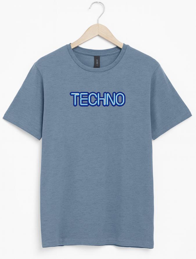 Blue t-shirt with 'TECHNO' text on a hanger against a white background