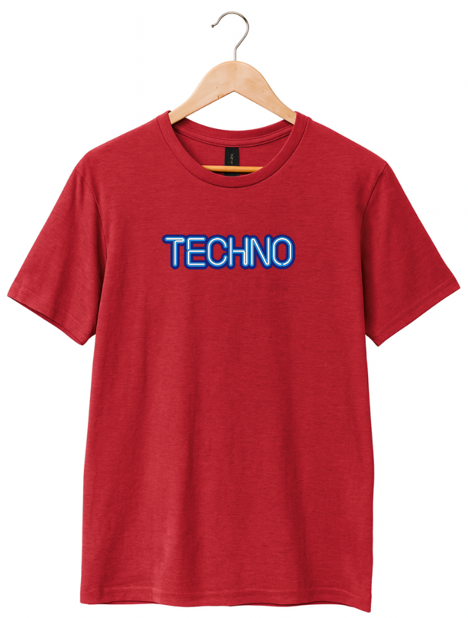 Red t-shirt with 'TECHNO' printed on it, hanging on a wooden hanger against a white background.