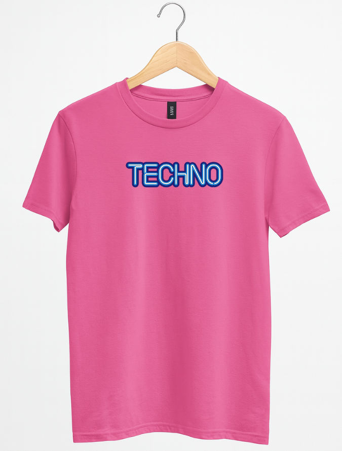 Pink t-shirt with 'TECHNO' text on a hanger against a white background
