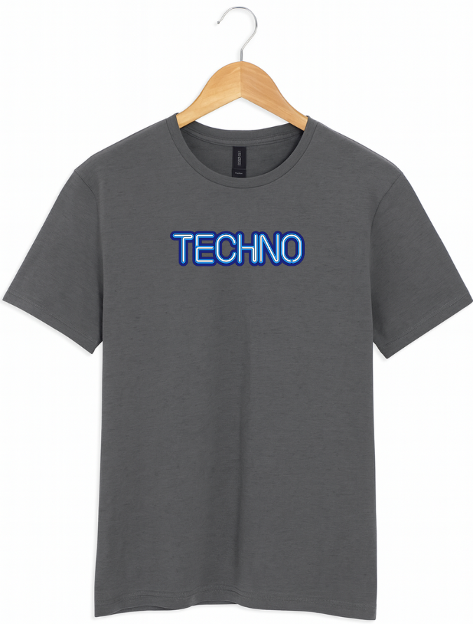 Grey t-shirt with 'TECHNO' printed in blue on a hanger against a white background