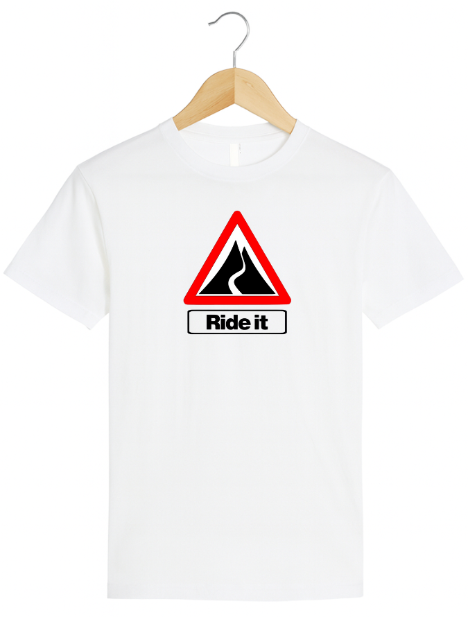 White t-shirt with a red and black traffic sign graphic and 'Ride it' text on a hanger.
