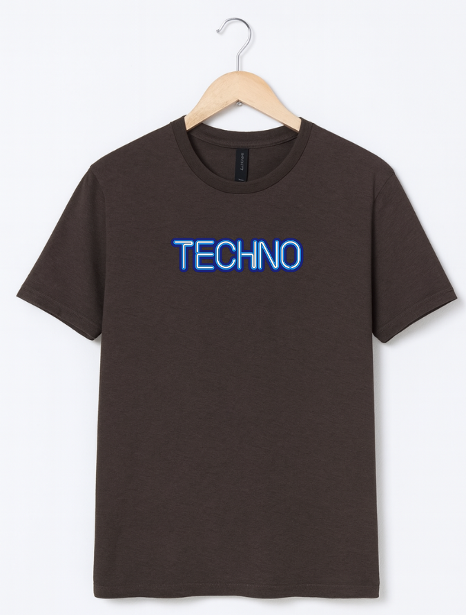 Brown t-shirt with 'TECHNO' in blue on a hanger against a white background
