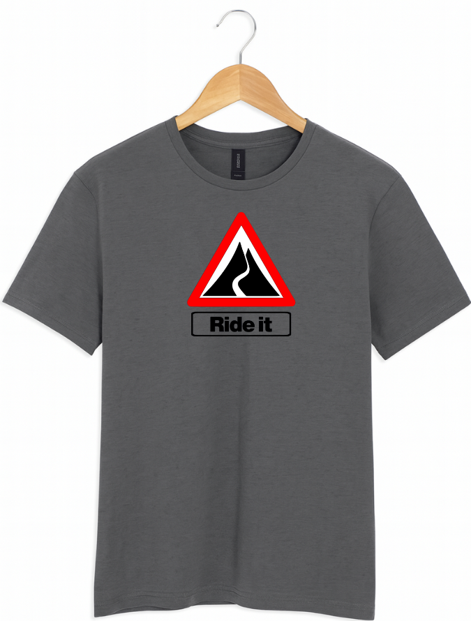 Gray t-shirt with a red and black graphic and 'Ride it' text on a white background