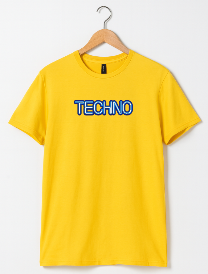 Yellow t-shirt with 'TECHNO' text on a hanger against a white background