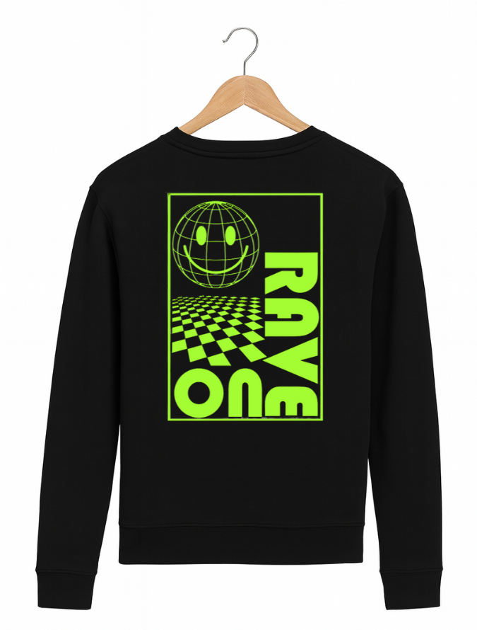 Black sweatshirt with green graphic design on a white background
