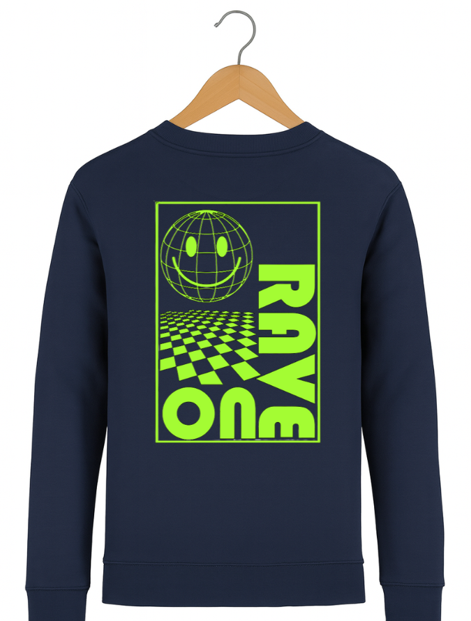 Navy blue sweatshirt with green graphic design on a hanger