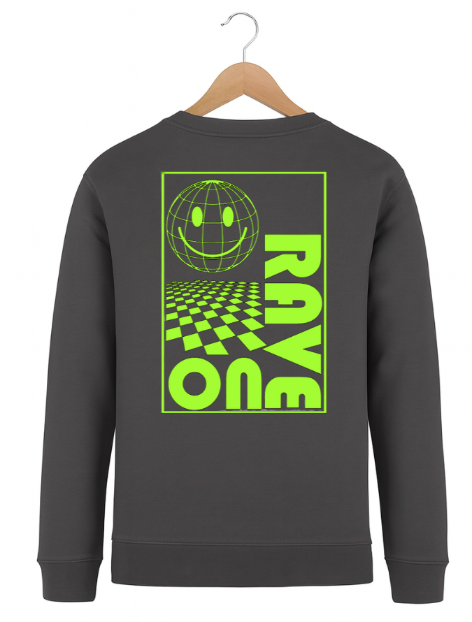 Grey sweatshirt with green graphics and text on a white background