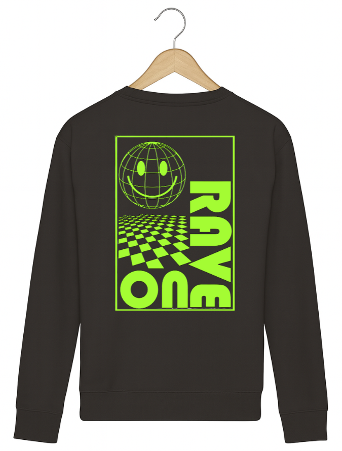 Black sweatshirt with green graphic design and text on a hanger against a white background