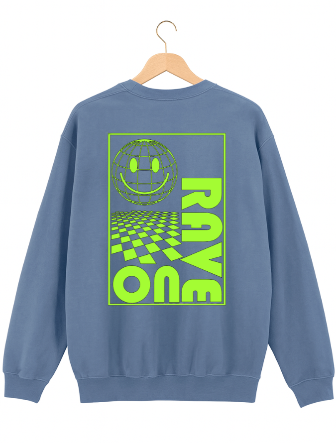 Blue sweatshirt with green graphic design on a hanger against a white background