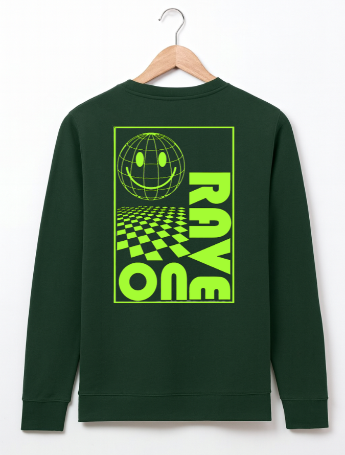 Green sweatshirt with neon green graphics on a hanger against a white background