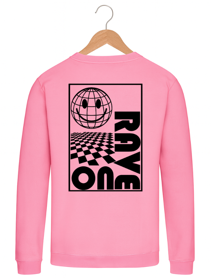 Pink sweatshirt with black graphic design on a hanger against a white background