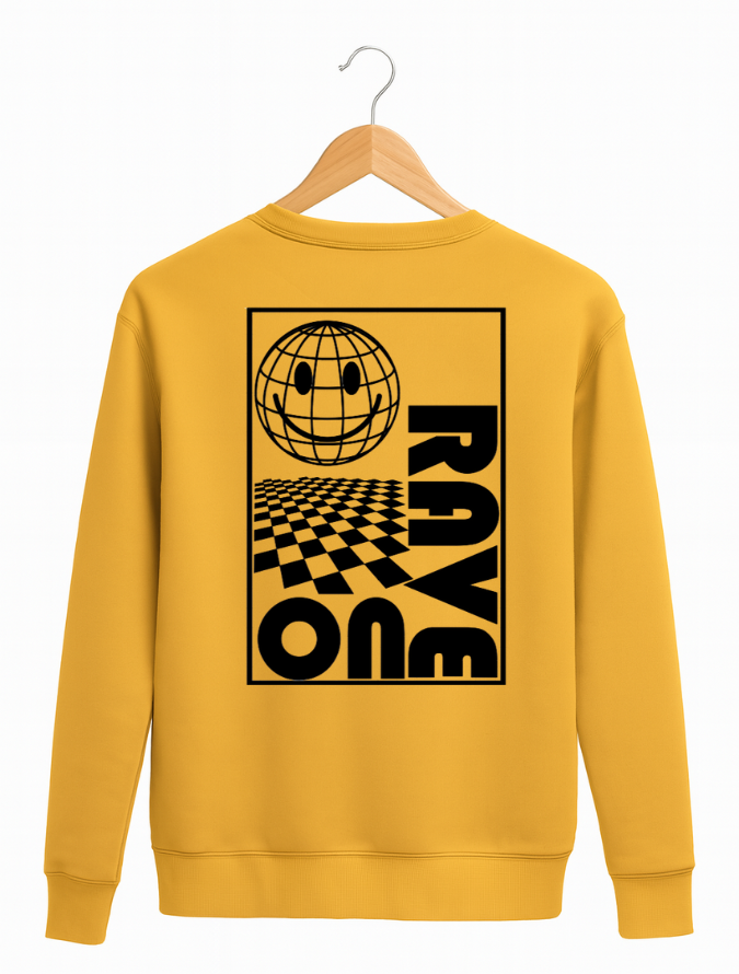 Yellow sweatshirt with black graphic design on a hanger against a white background