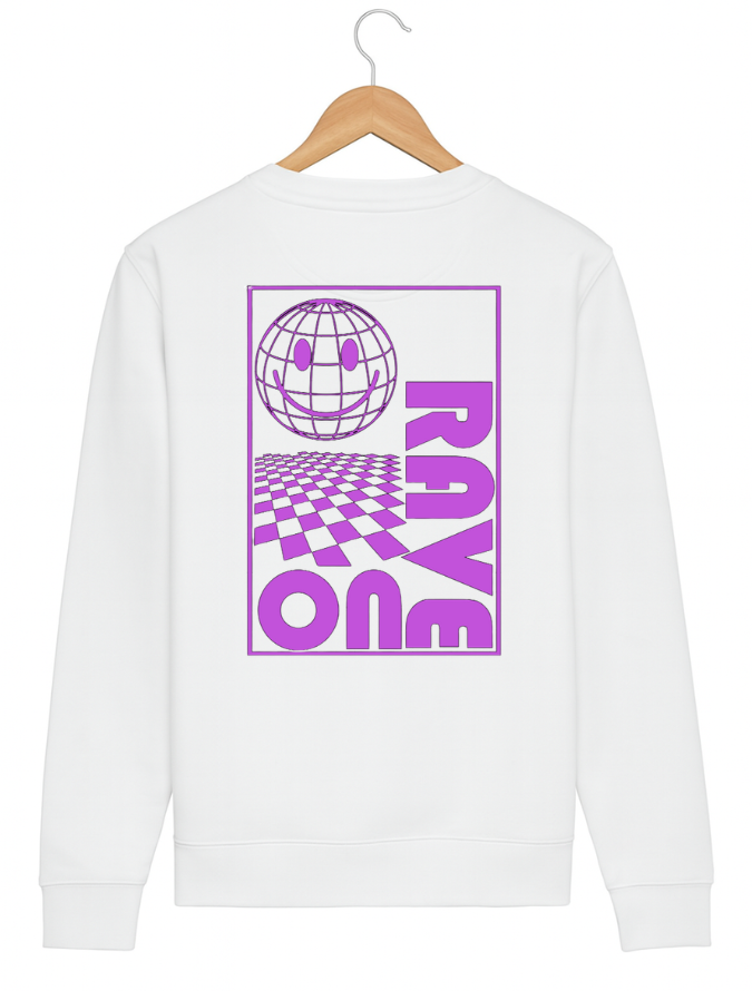 White sweatshirt with purple graphic design on a white background