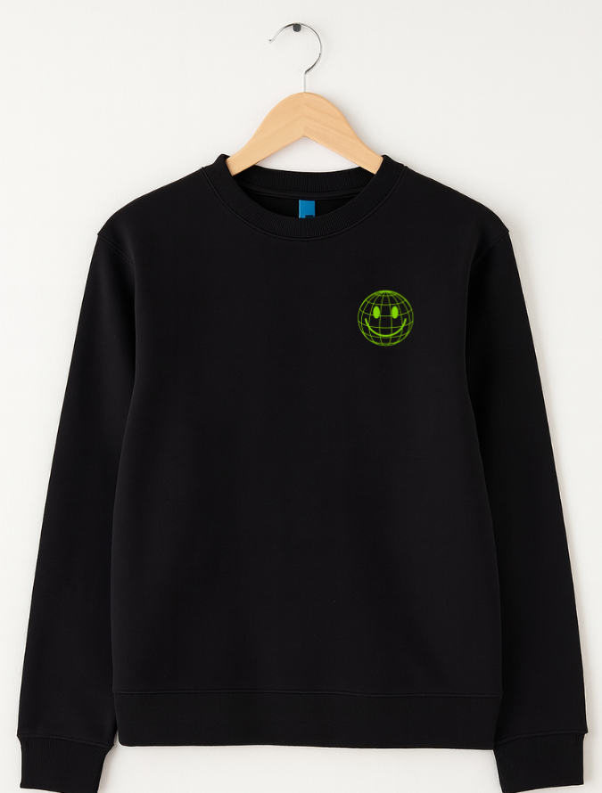 Black sweatshirt with a green logo on a white background