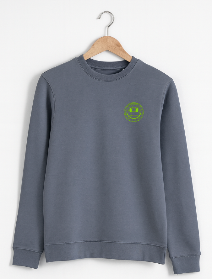 Grey sweatshirt with a green smiley face logo on a hanger against a white background