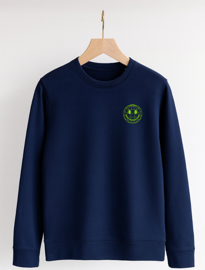 Navy blue sweatshirt with a green logo on a wooden hanger against a white background