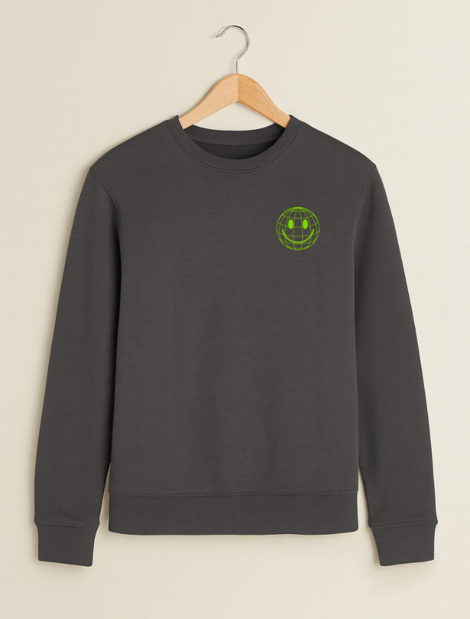 Grey sweatshirt with a green logo on a beige background