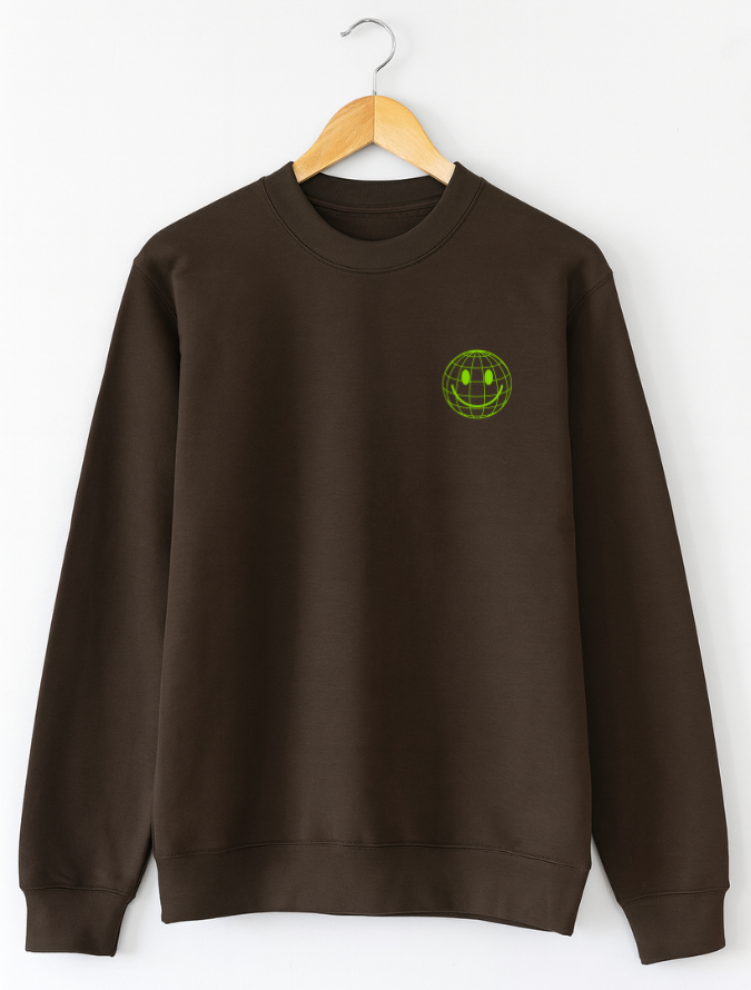 Brown sweatshirt with a green smiley face design on a white background