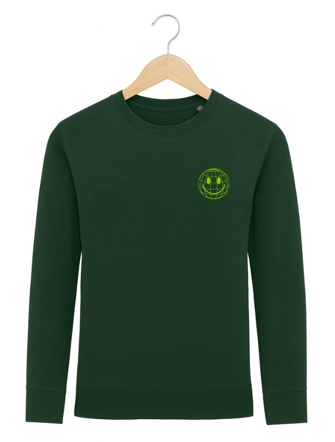 Green sweatshirt with a smiley face logo on a hanger against a white background