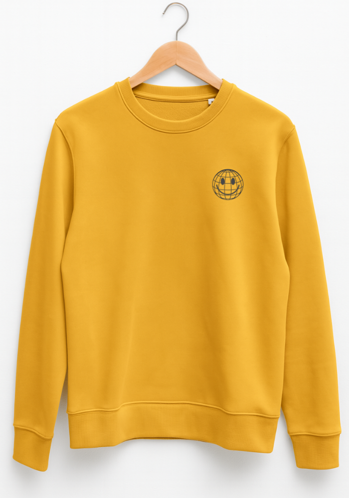 Yellow sweatshirt with a logo on a hanger against a white background