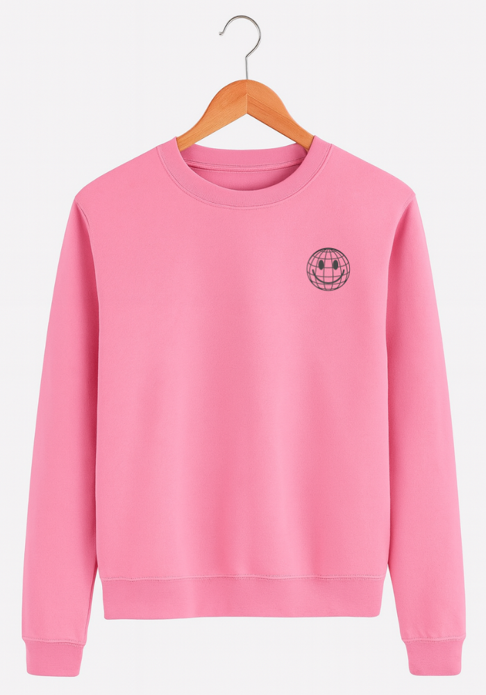 Pink sweatshirt with a logo on a hanger against a white background