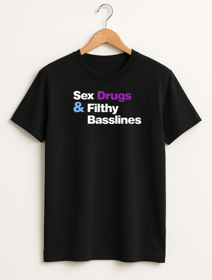 Black t-shirt with colorful text on a white background