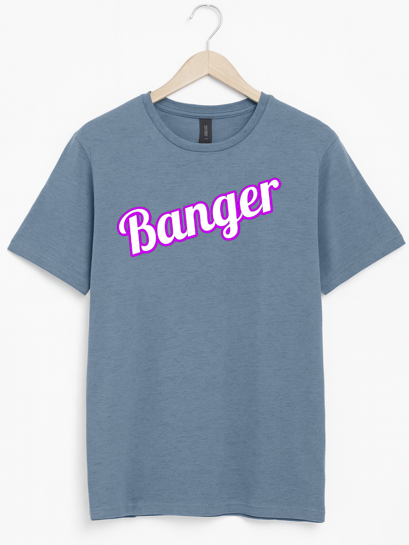 Blue t-shirt with 'Banger' text on a hanger against a white background