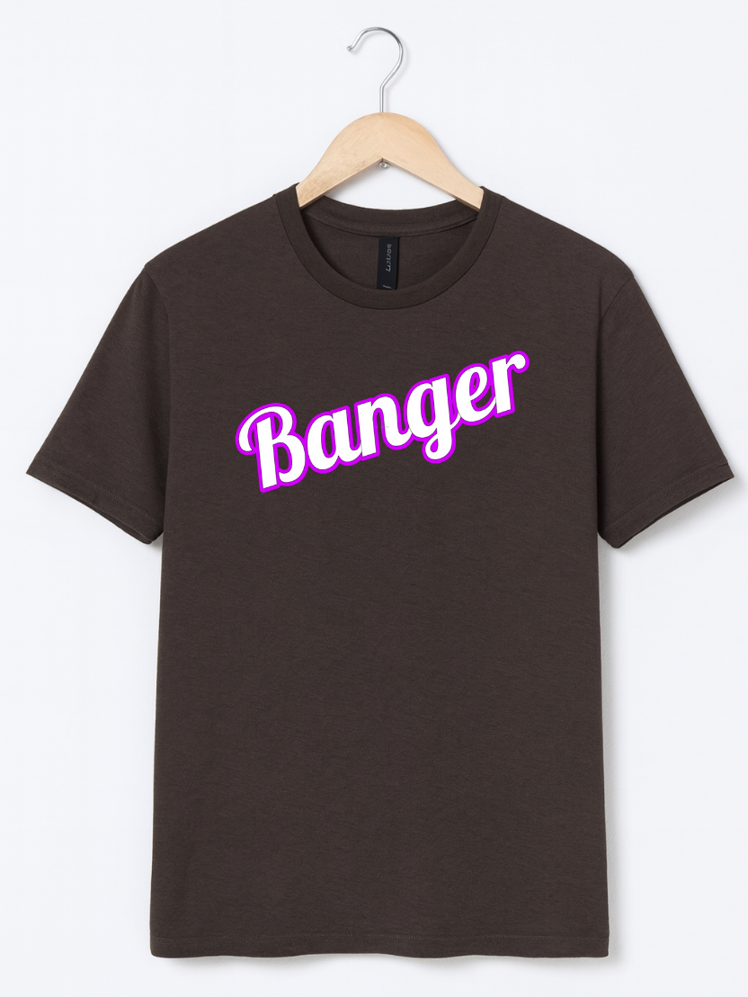 Brown t-shirt with 'Banger' in pink text on a hanger against a white background