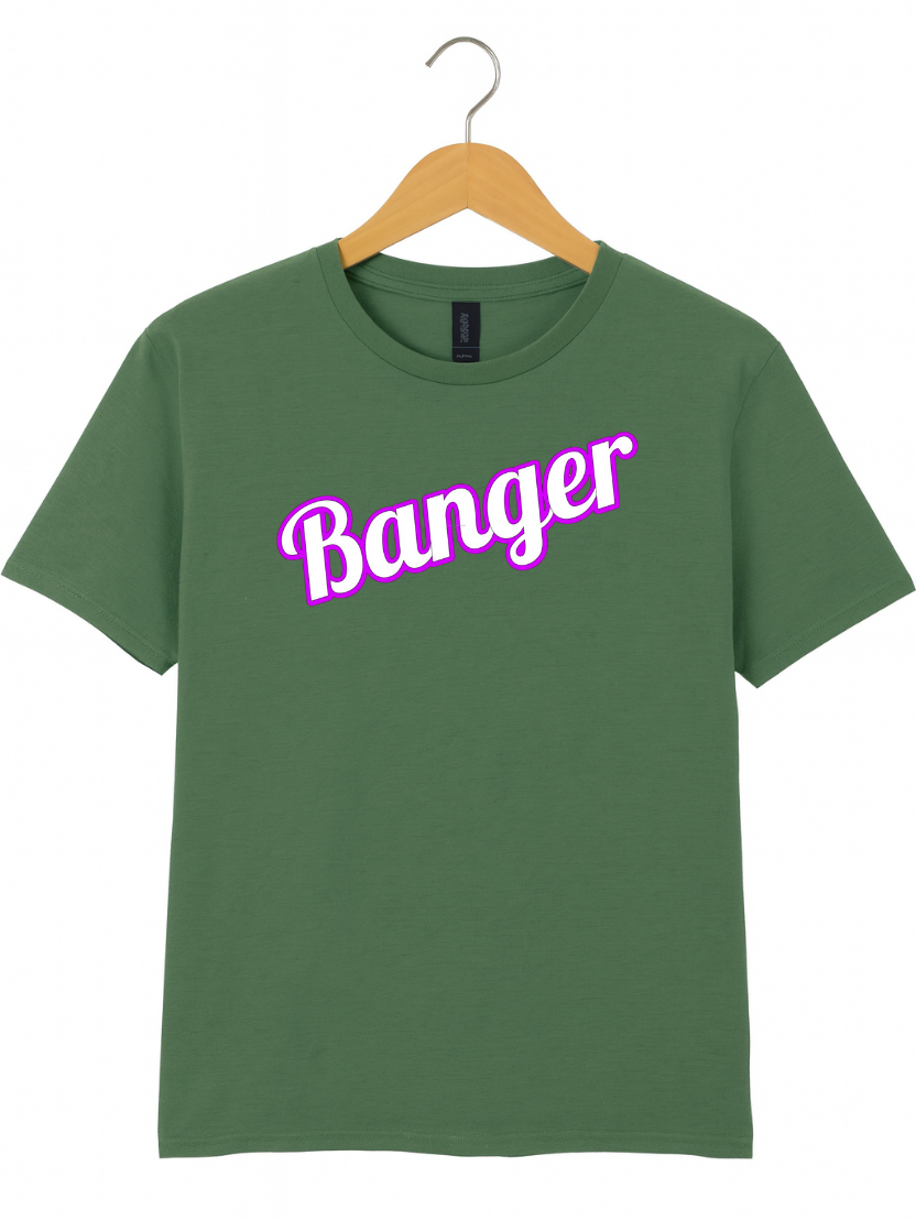 Green t-shirt with 'Banger' text in purple on a hanger against a white background