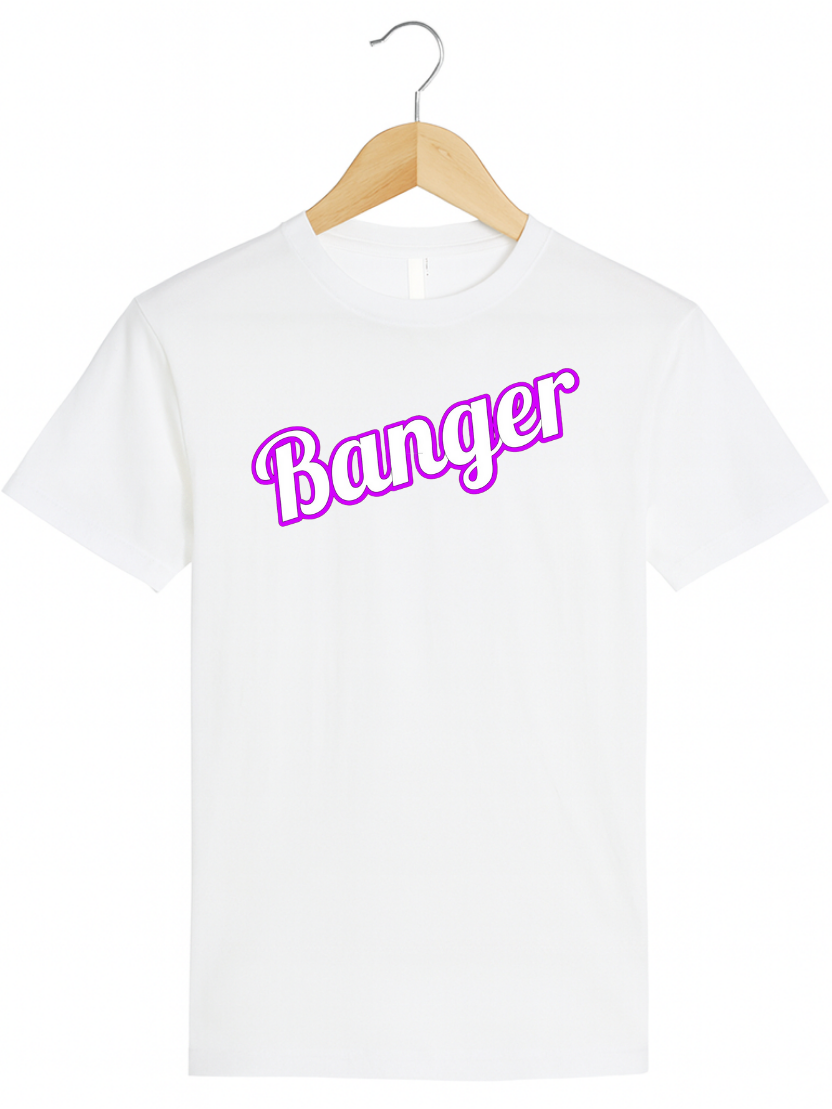 White t-shirt with 'Banger' in pink text on a hanger against a white background