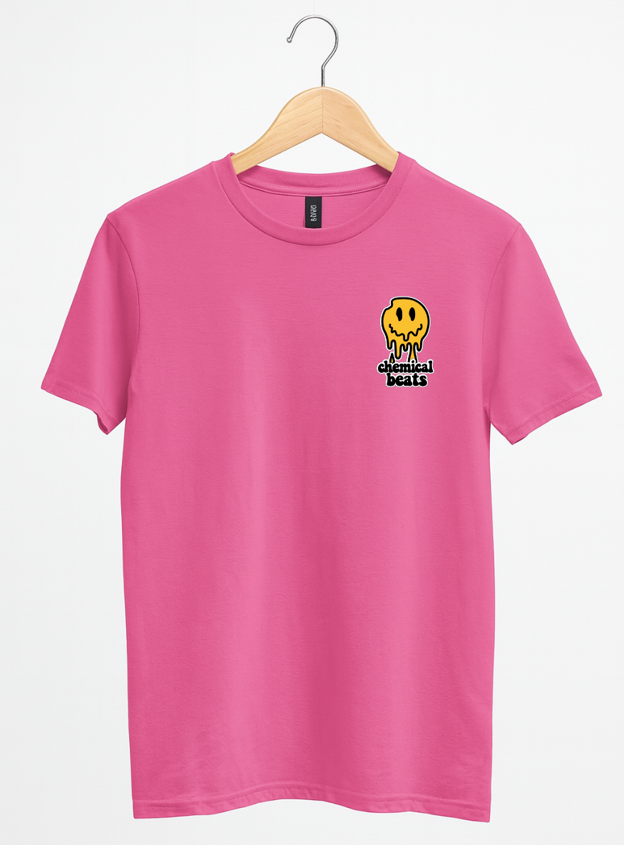 Pink t-shirt with a small logo on a hanger against a white background