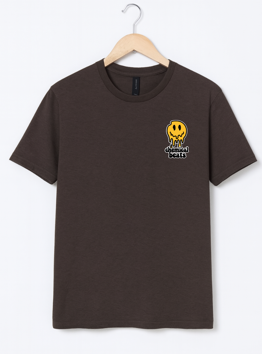 Brown t-shirt with a small logo on a hanger against a white background