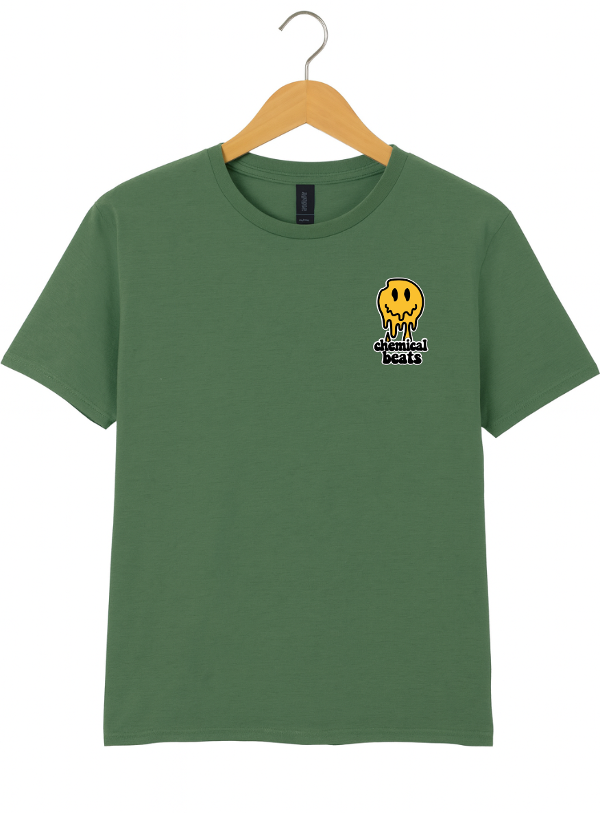 Green t-shirt with a small logo on a hanger against a white background