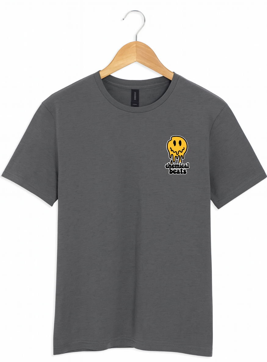 Grey t-shirt with a yellow smiley face design on a hanger against a white background