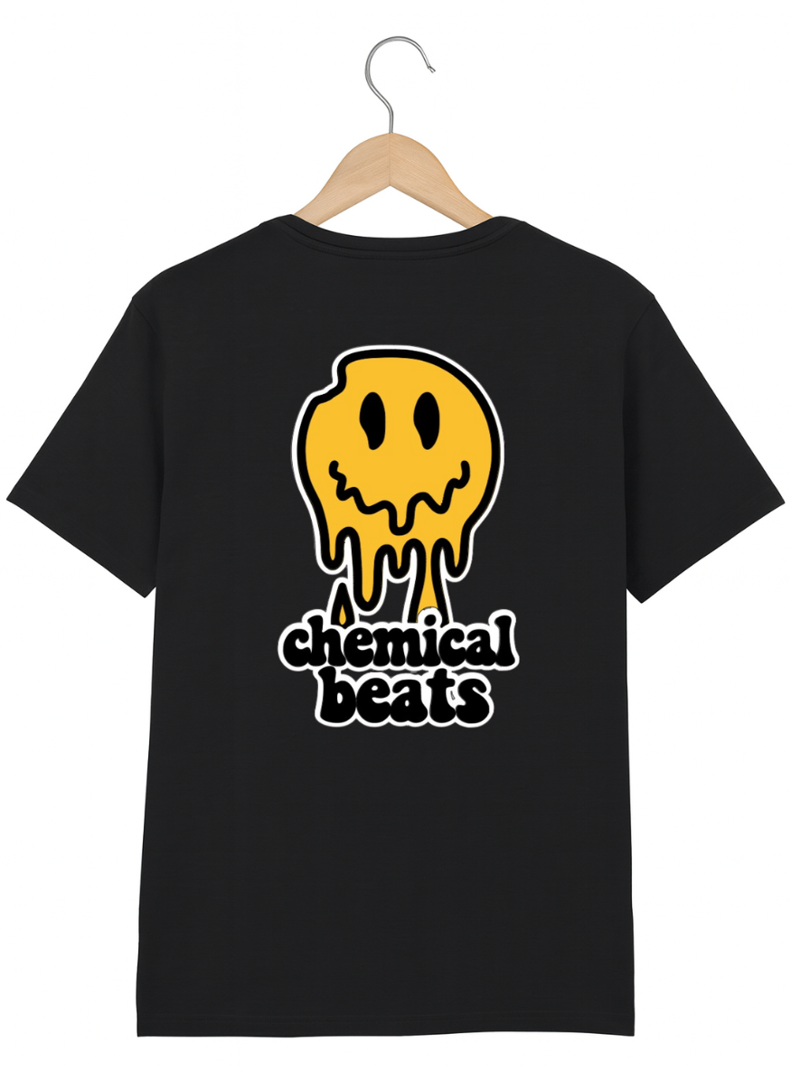 Black t-shirt with yellow smiley face graphic and 'chemical beats' text on a hanger.