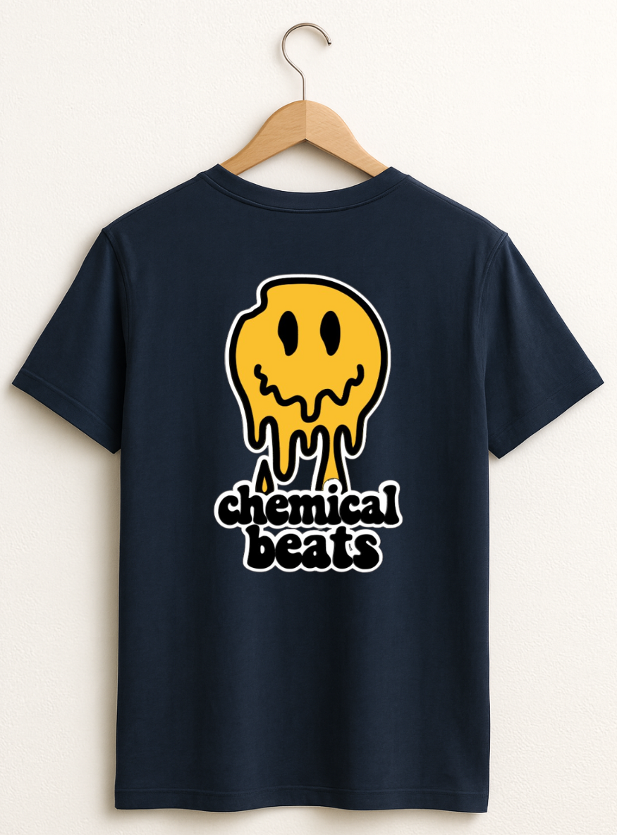 Navy blue t-shirt with yellow and white graphic and 'chemical beats' text on a hanger.