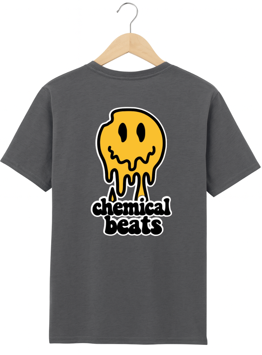 Grey t-shirt with yellow and white graphic and 'chemical beats' text on a hanger