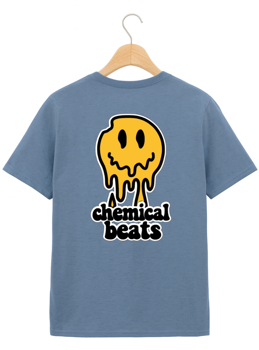 Blue t-shirt with a yellow smiley face graphic and 'chemical beats' text on a hanger against a white background