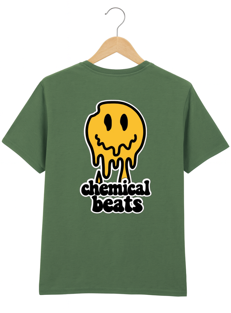 Green t-shirt with yellow and black graphic design on a hanger