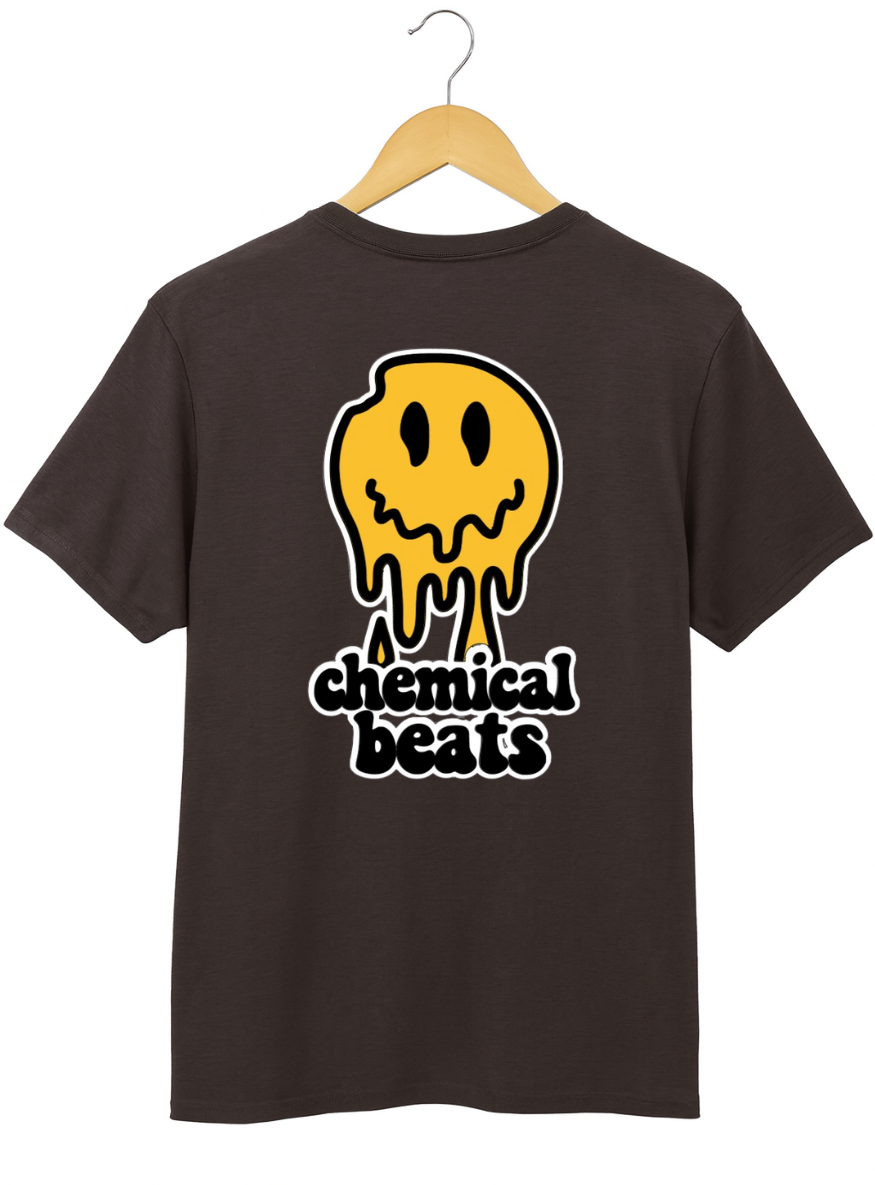 Brown t-shirt with yellow and white graphic and 'chemical beats' text on a hanger