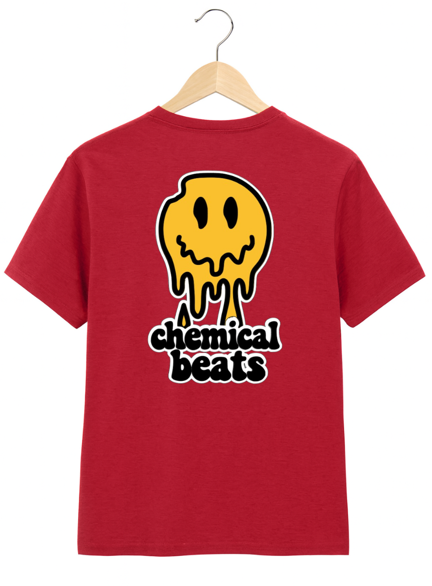 Red t-shirt with a yellow and black graphic design on a hanger against a white background