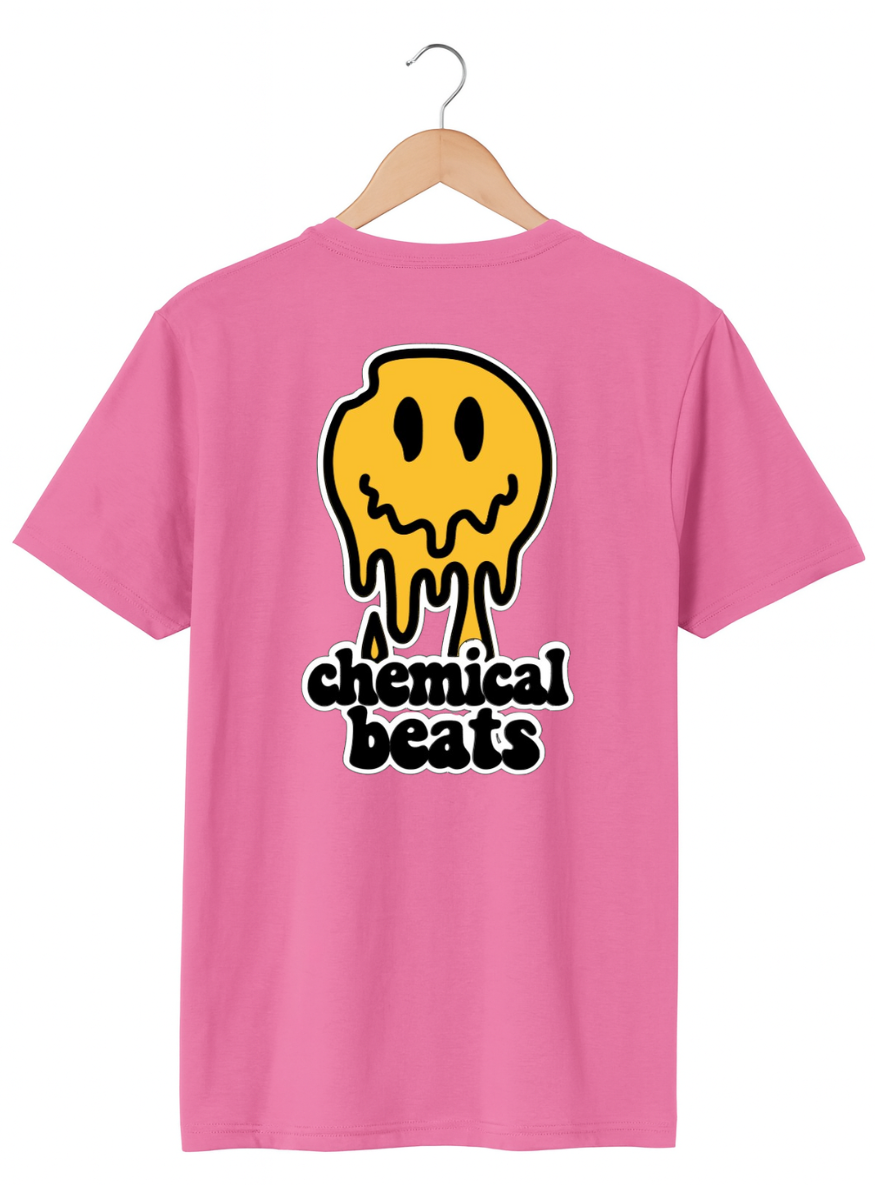 Pink t-shirt with a yellow smiley face graphic and 'chemical beats' text on a hanger.