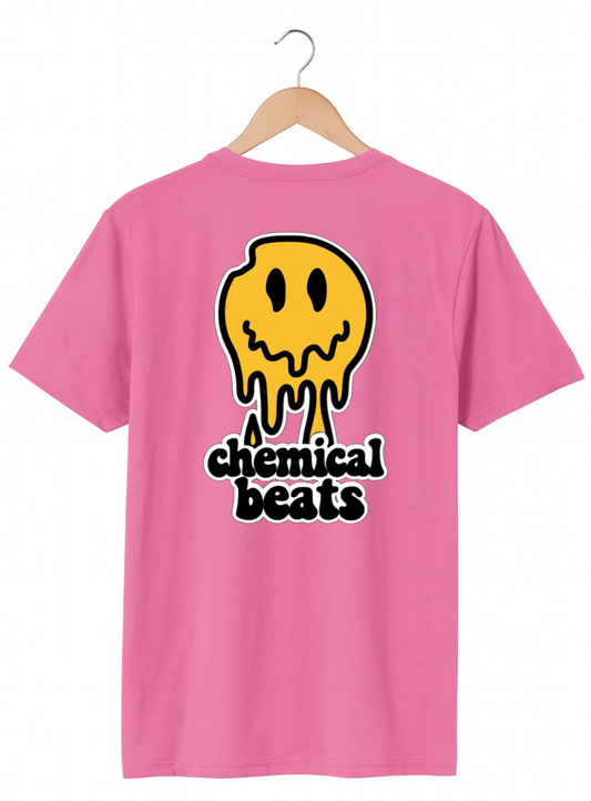 Pink t-shirt with a yellow smiley face graphic and 'chemical beats' text on a hanger.