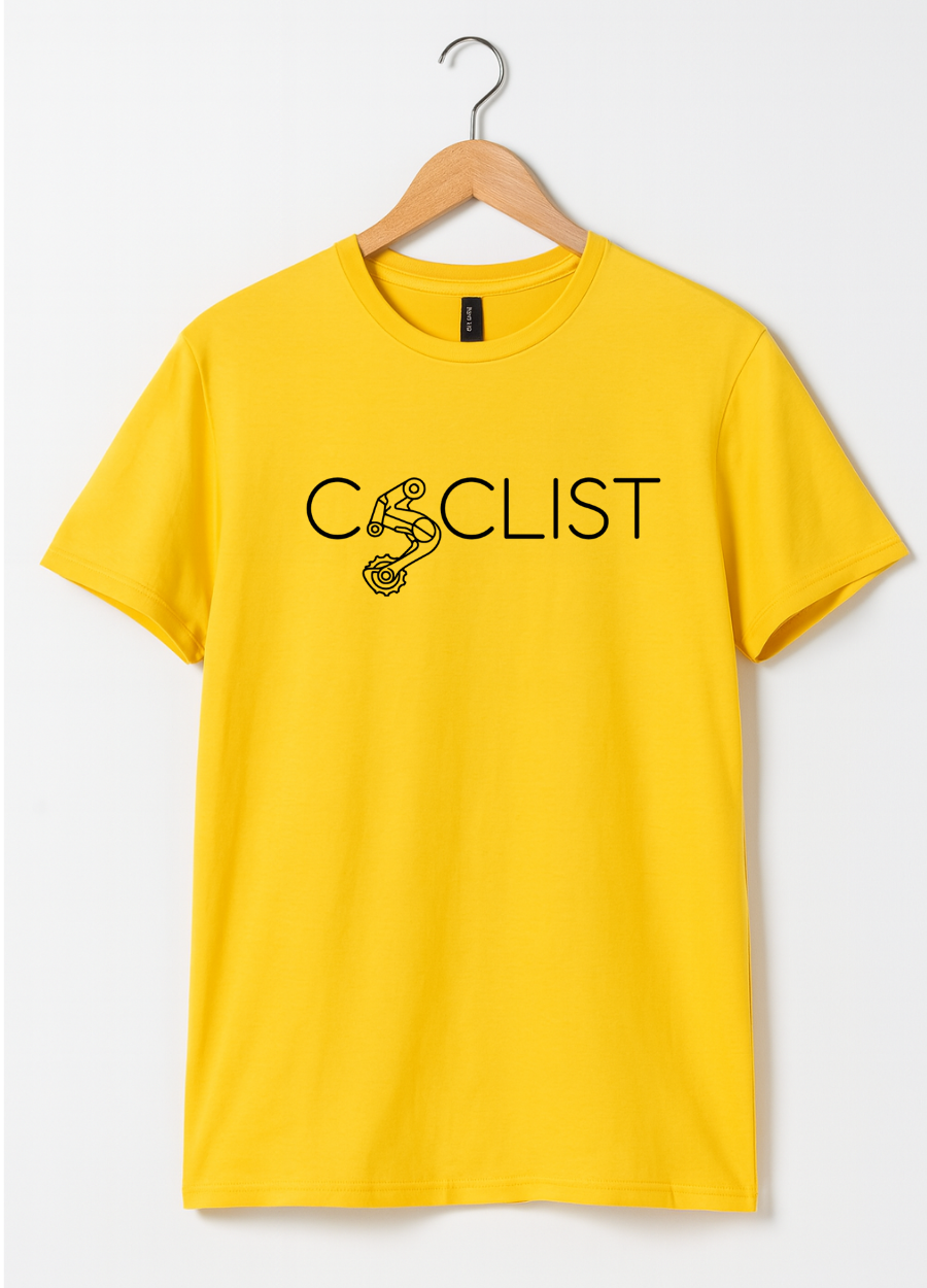 Yellow t-shirt with 'Cyclist' text and bicycle graphic on a hanger against a white background