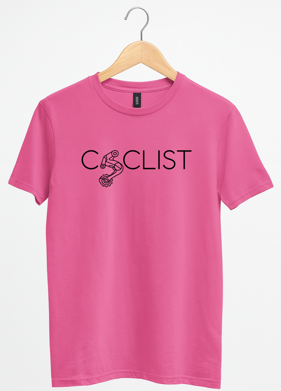 Pink t-shirt with 'Cyclist' text and bicycle graphic on a hanger against a white background